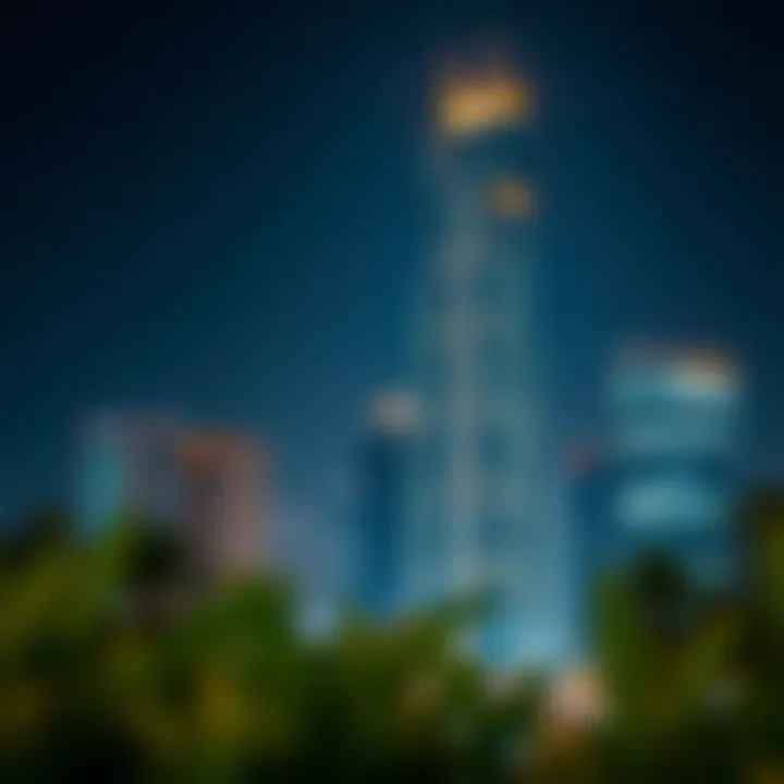 Night view of Al Fardan Building illuminated against the Dubai skyline