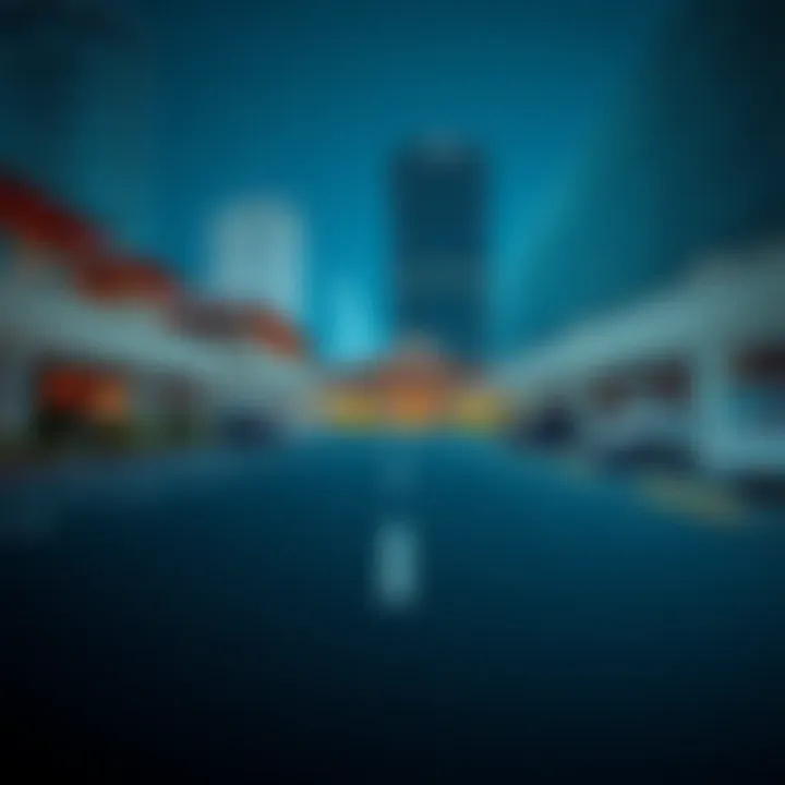 Traditional parking areas juxtaposed with modern structures