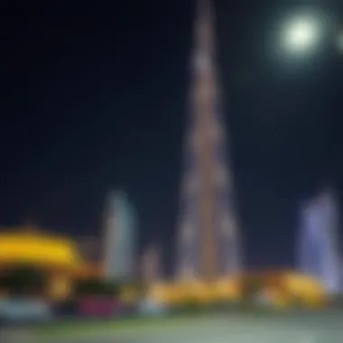 Night view of Burj Sheikh Marium Bint Ghannam illuminated, symbolizing Dubai's future