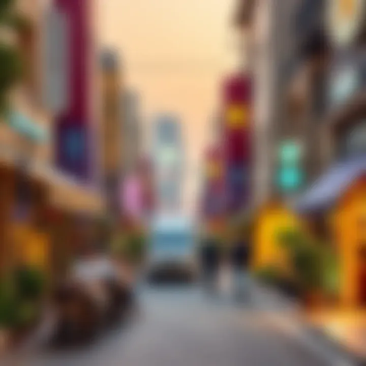 A vibrant street lined with diverse restaurants showcasing various cuisines.