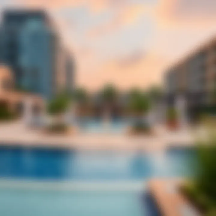 Amenities at Damac Heights A panoramic view capturing the amenities of Damac Heights including pools and leisure areas.