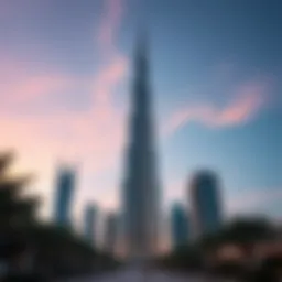The Burj Khalifa standing tall against the sunset.
