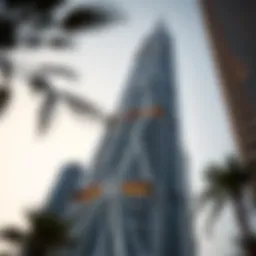 Architectural close-up of Albatha Tower showcasing its unique design