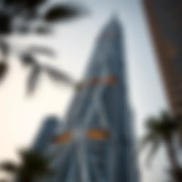 Architectural close-up of Albatha Tower showcasing its unique design