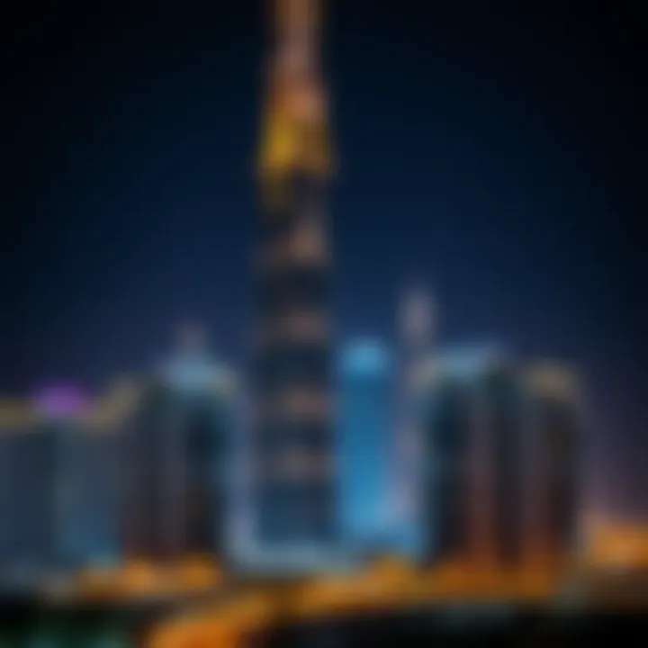 Night view of Albatha Tower illuminated against the backdrop of the city