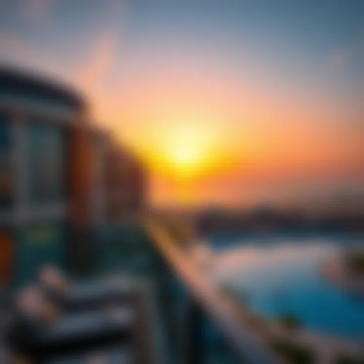 Vibrant sunset view from a beachfront hotel balcony in Dubai