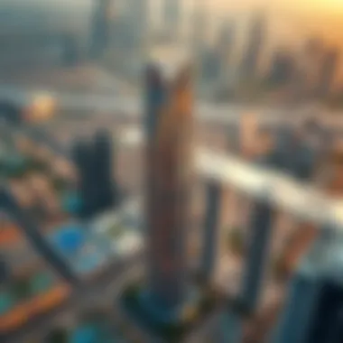 Aerial view of Creek Towers showcasing their height against Dubai's skyline