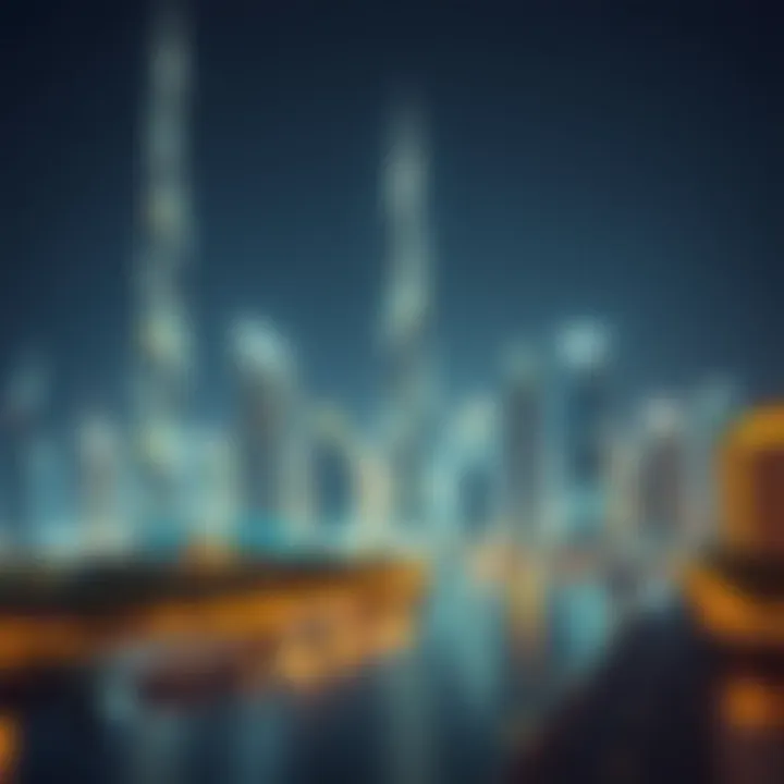 Nighttime skyline of Dubai with illuminated Creek Towers