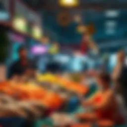 A bustling scene at the Dubai Fish Market showcasing fresh seafood