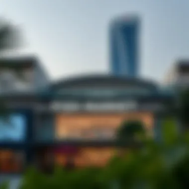 The exterior of the Dubai Fish Market with a modern architectural design