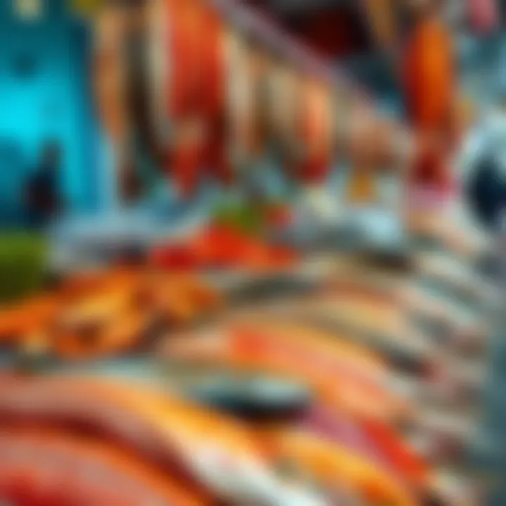 An array of colorful fish and seafood displayed at stalls