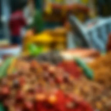 A close-up of various traditional spices and seasonings available at the market
