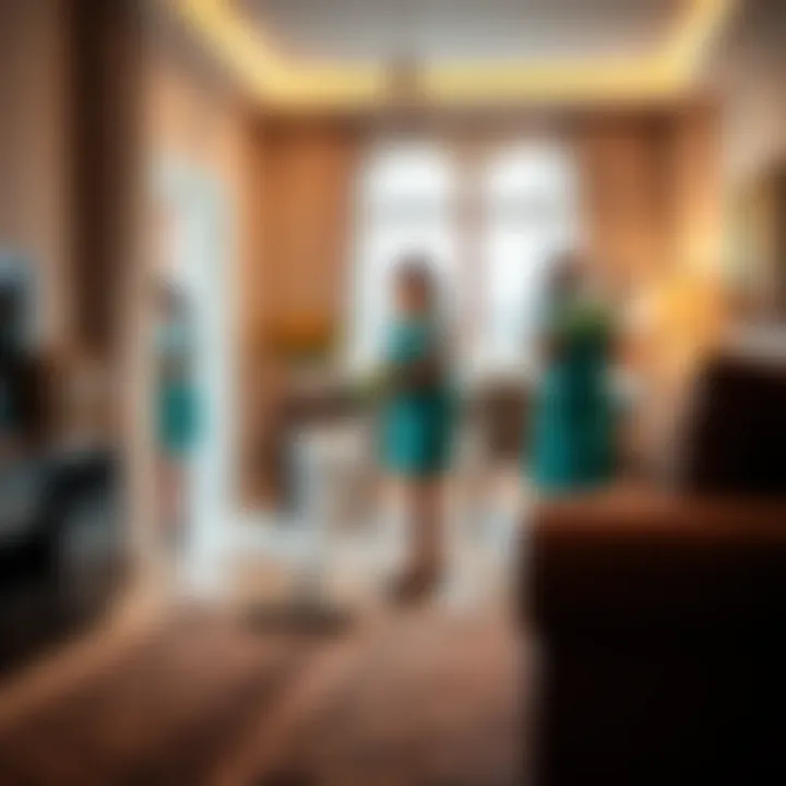 A professional maid service team performing cleaning tasks in a villa