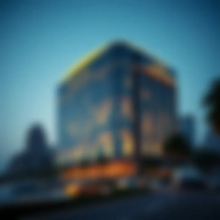 The Hudaiba Awards Building at dusk with dynamic lighting