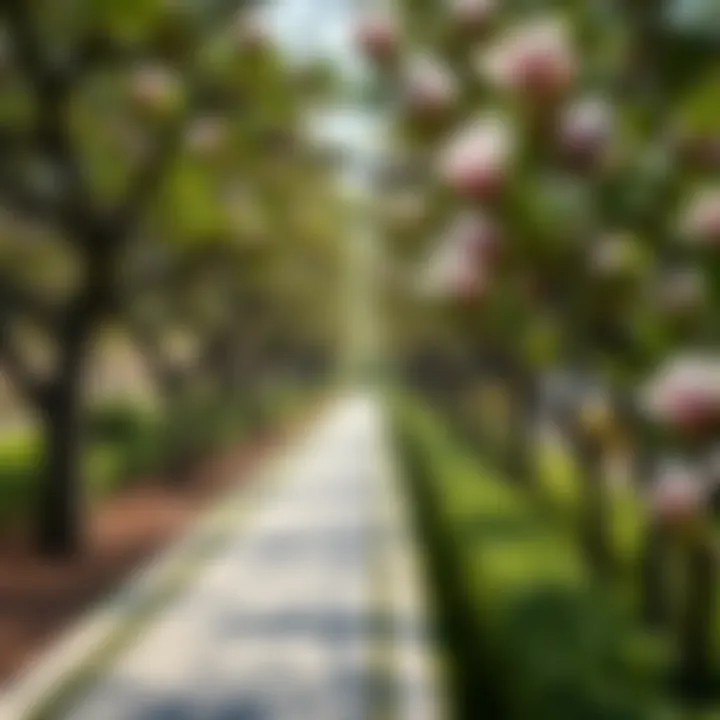 A landscaped pathway lined with magnolia trees, enhancing the aesthetic appeal of Yas Acres.