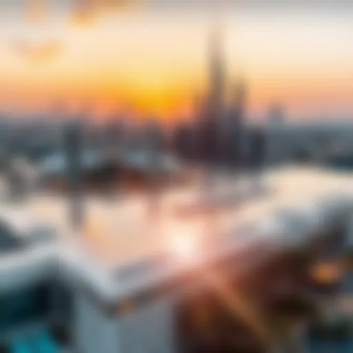 A stunning view of Manzo Khalifa City's skyline at sunset