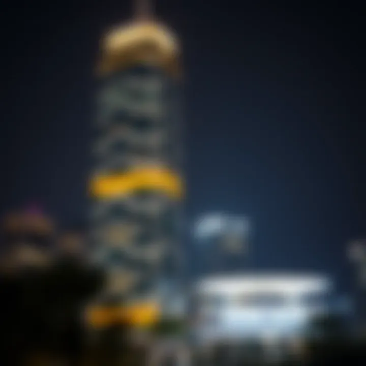 Nation Tower illuminated at night showcasing its modern design