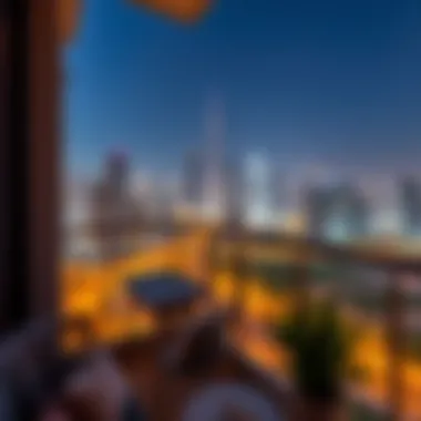 Stylish balcony view from a one-bedroom apartment overlooking the city skyline