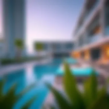 Amenities offered at Peninsula 5 including pools, gyms, and green spaces