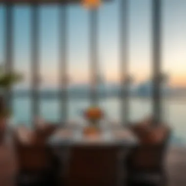 Elegant dining setting with a backdrop of the Dubai skyline