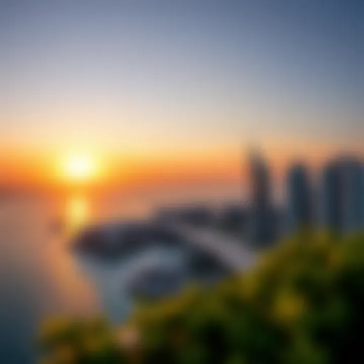 Panoramic sunset view over the waters surrounding Pointe Palm Jumeirah