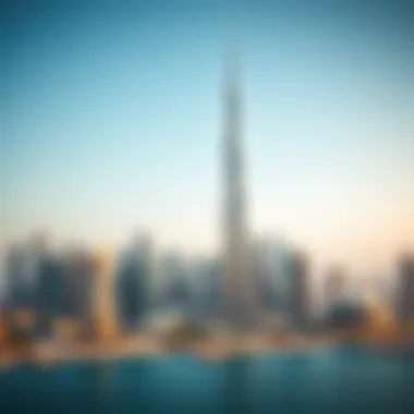 A panoramic skyline shot highlighting the building's prominence in Dubai