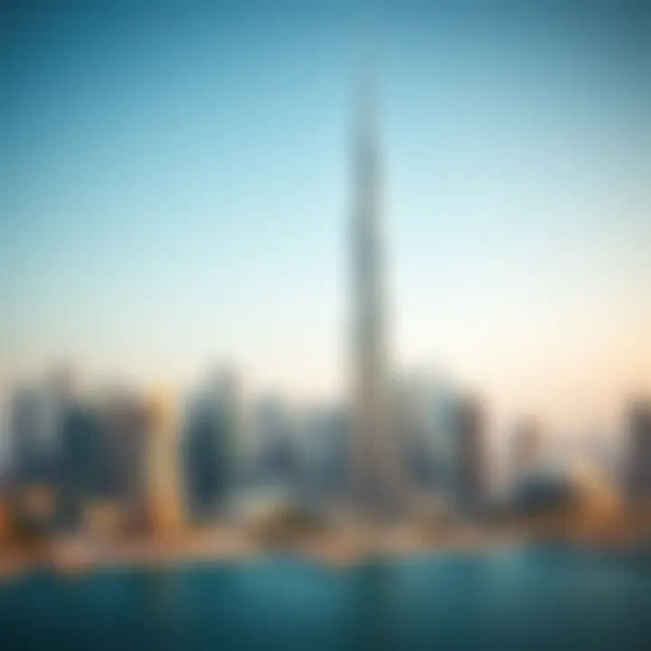 A panoramic skyline shot highlighting the building's prominence in Dubai