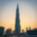 A striking view of the tallest building in the UAE against a sunset backdrop