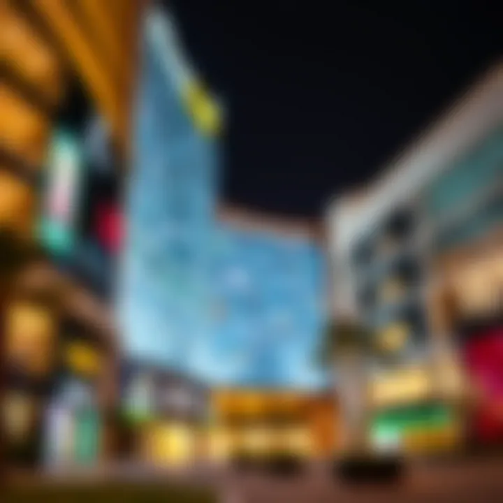 Luxurious mall facade illuminated at night