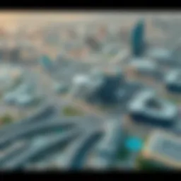 Aerial view of MotorCity showcasing residential and commercial spaces