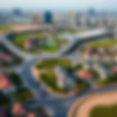 An aerial perspective of The Greens community highlighting residential areas and amenities