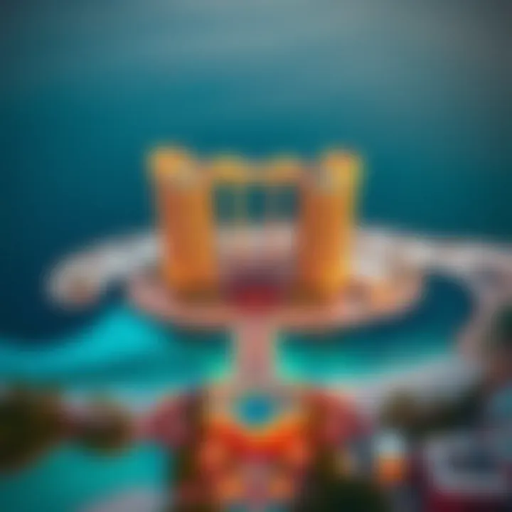 The luxurious Palm Jumeirah with its iconic shape and lavish resorts, viewed from above.