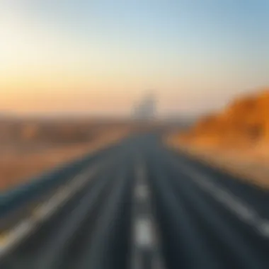A scenic view of the highway connecting Abu Dhabi and Dubai with desert landscapes