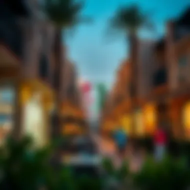 Vibrant street life in Majma Al-Bustan with cafes and shops