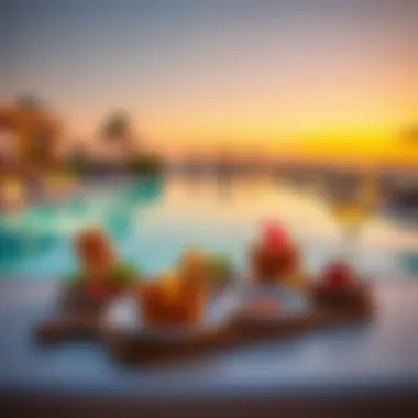 Culinary Delights by the Pool at Dusk Gourmet dining experience by a private pool at sunset