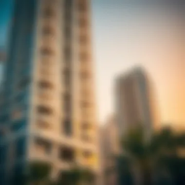 Architectural details of a modern high-rise building in Dubai