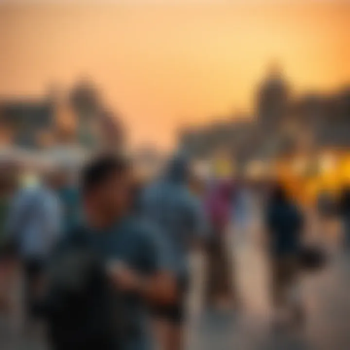 Tourists enjoying the cultural ambiance of Al Seef at sunset
