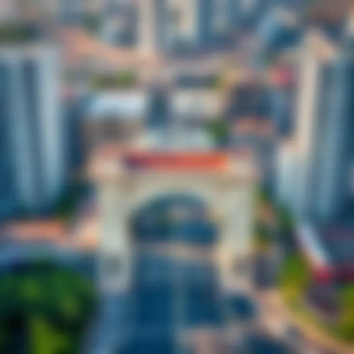 Aerial view of a city gate integrated into urban infrastructure