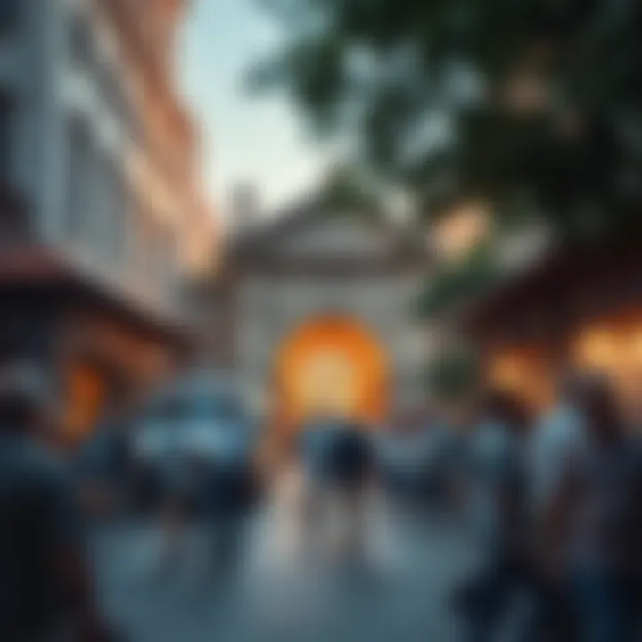 Community gathering around a vibrant city gate area