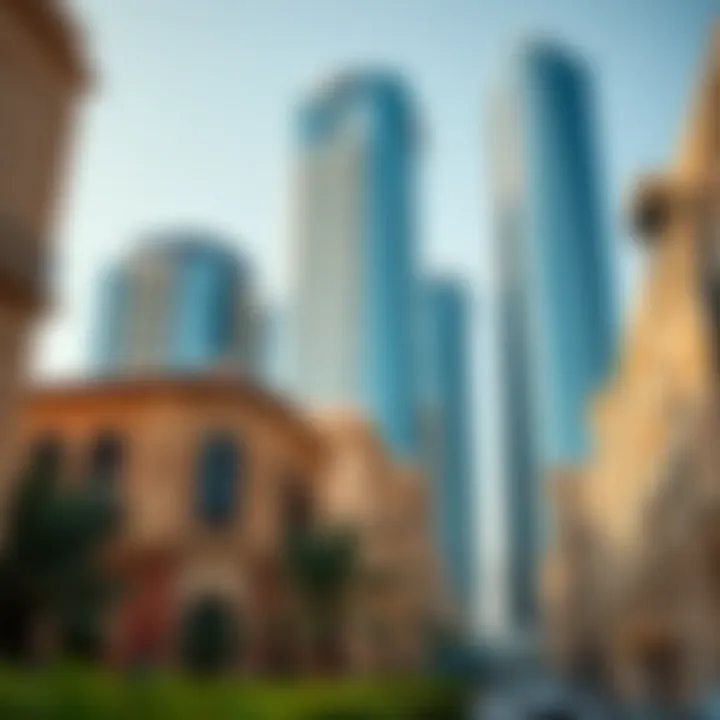 Contrast of modern skyscrapers with old buildings