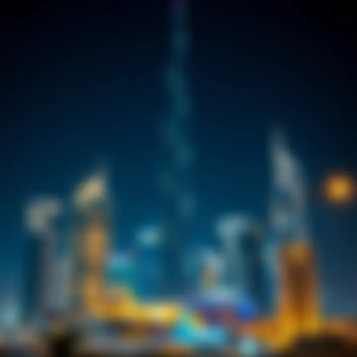 Nighttime skyline of Dubai featuring illuminated buildings