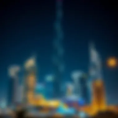 Nighttime Skyline of Dubai with Illuminated Structures Nighttime skyline of Dubai featuring illuminated buildings