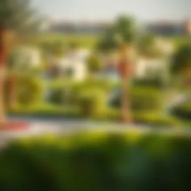 A lush green landscape surrounding the community of Tilal Al Ghaf Harmony 3