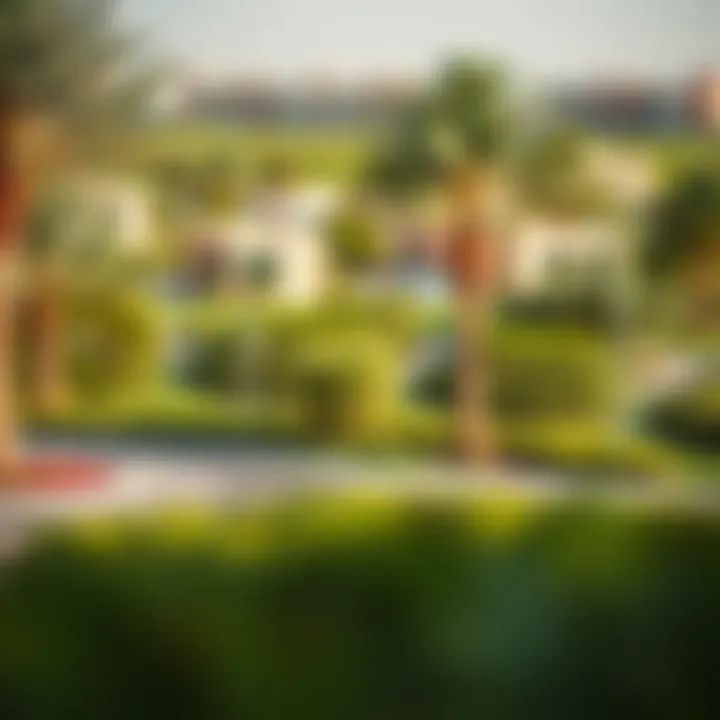 A lush green landscape surrounding the community of Tilal Al Ghaf Harmony 3