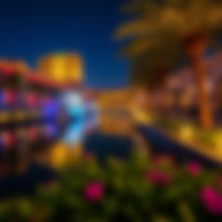 The enchanting waterways of Riverland Dubai reflecting the evening lights