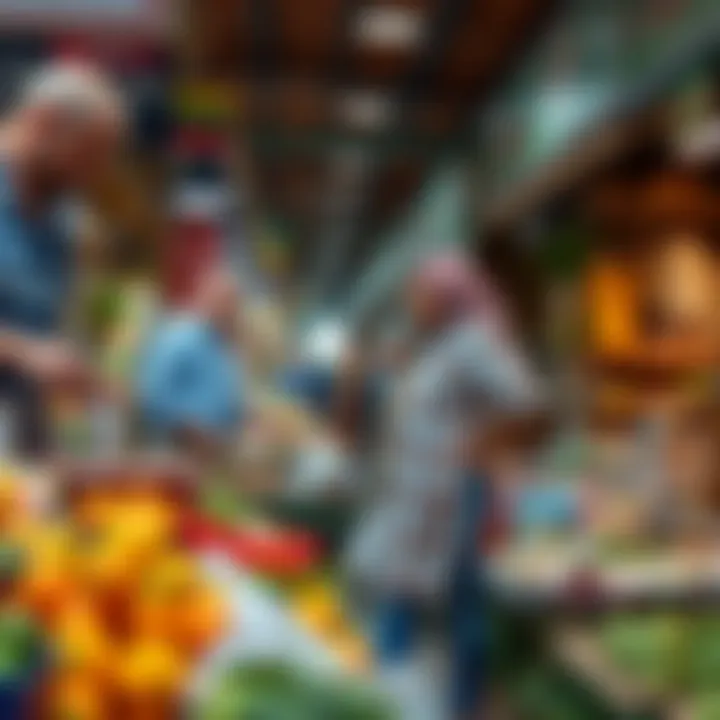 A bustling market scene with fresh produce and food items